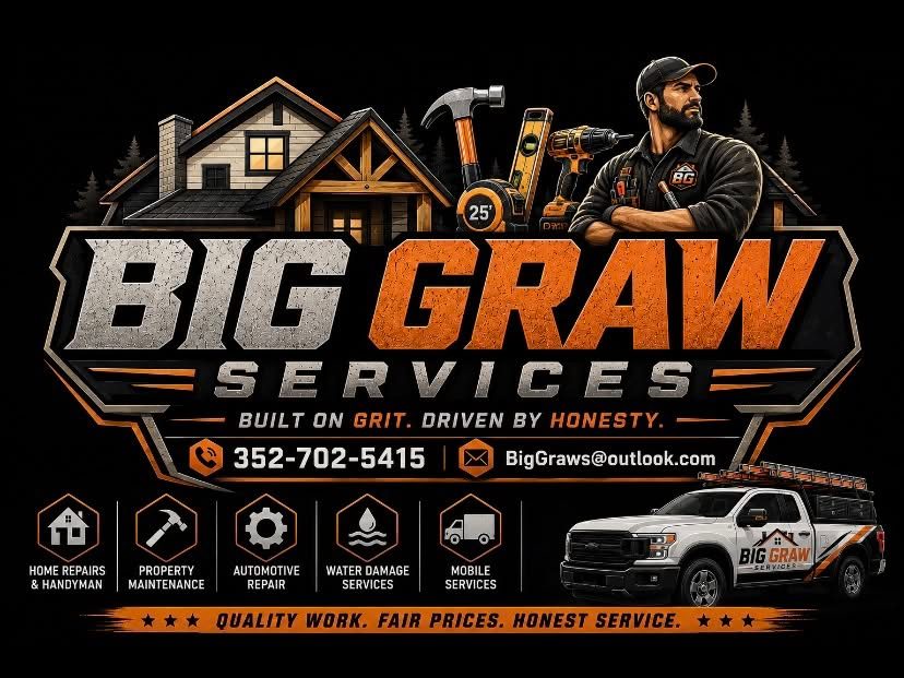Big Grawn Services logo with contractor, house, tools, truck, and service icons on black background