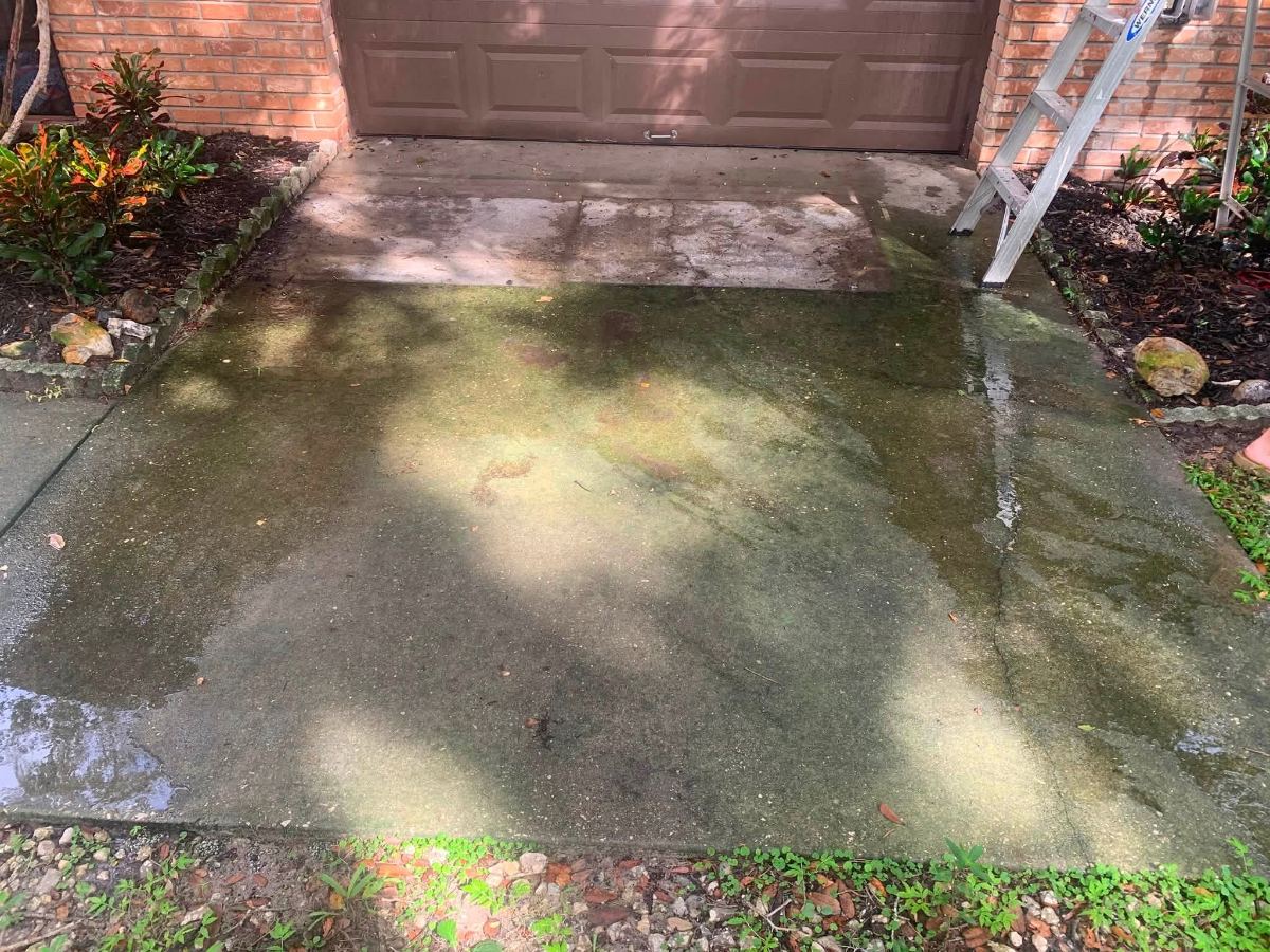Moss and algae covered driveway in front of brick garage with brown door