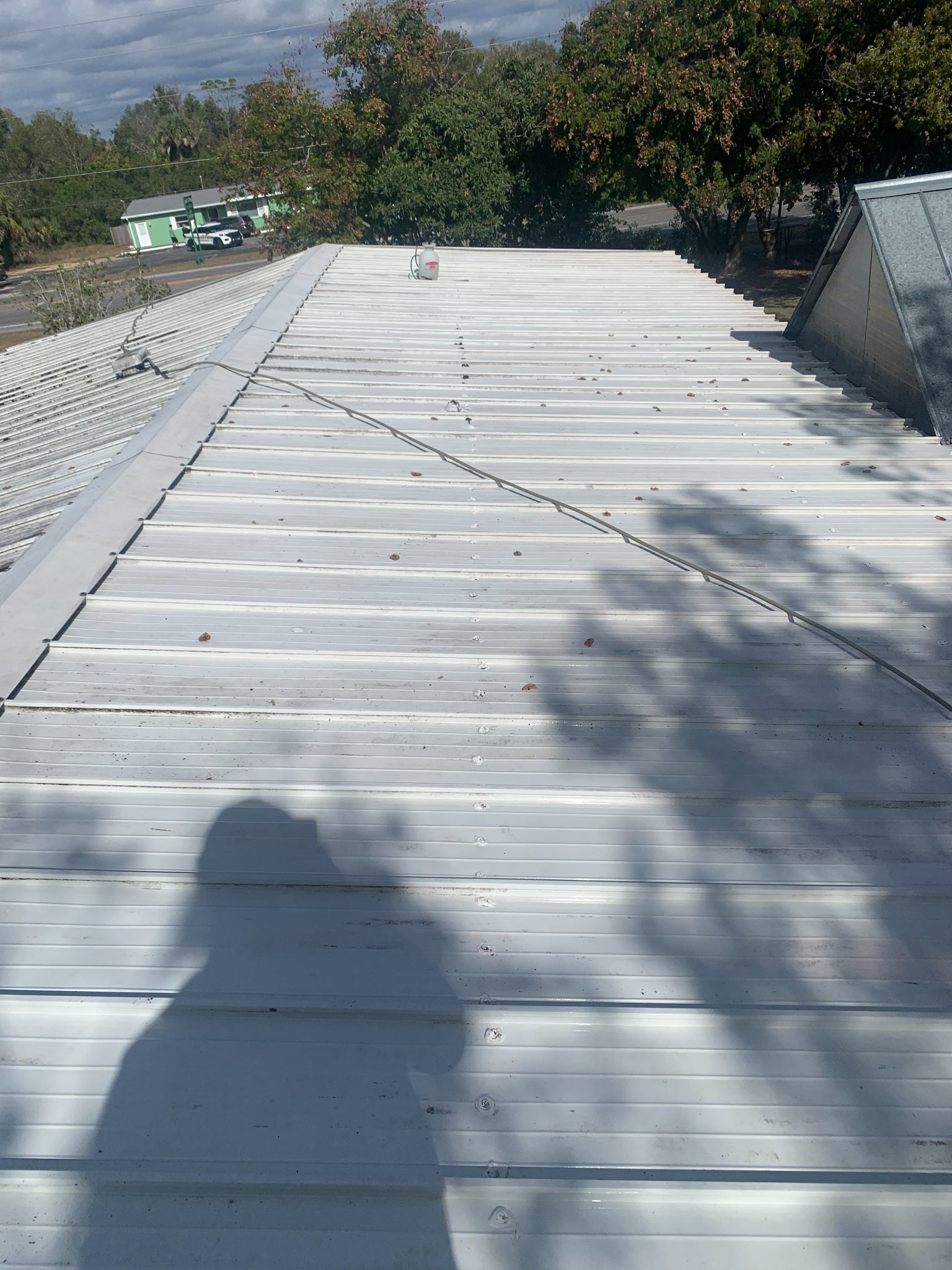 Metal corrugated roof with tree shadows and surrounding vegetation