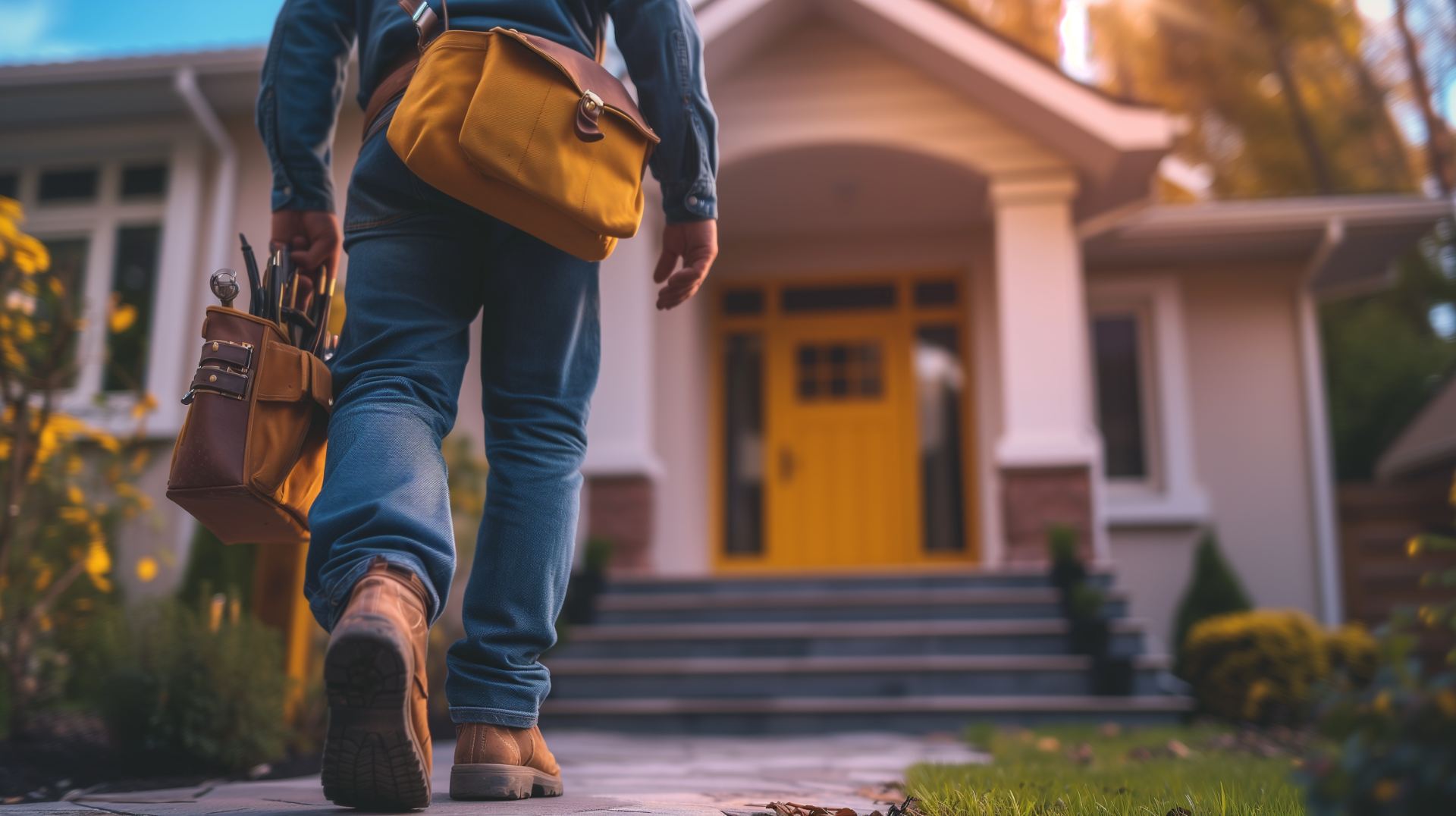 Worker in blue jeans carrying brown leather tool belt approaching pink residential building