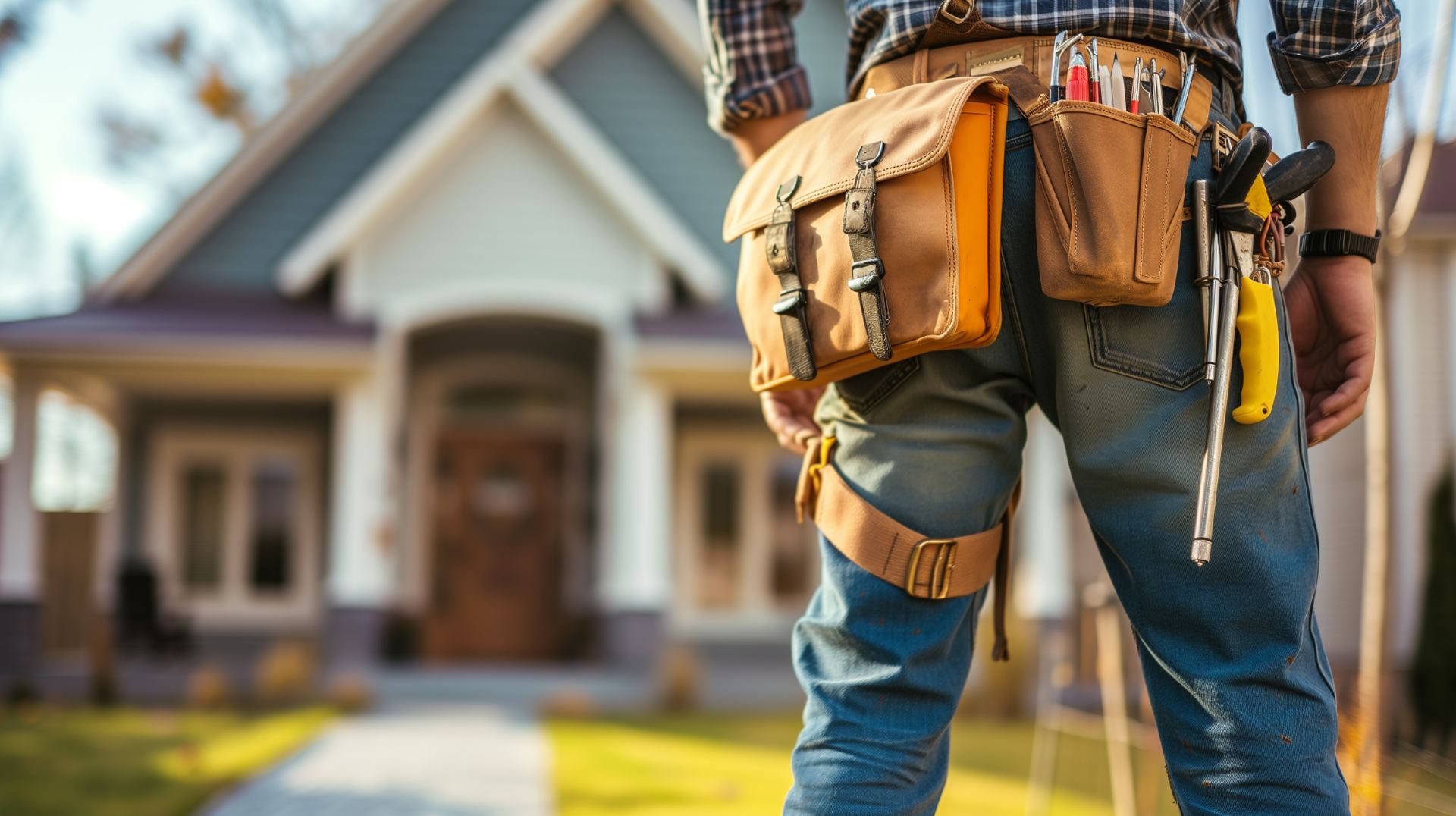 Contractor wearing tool belt and leather apron standing in front of residential house