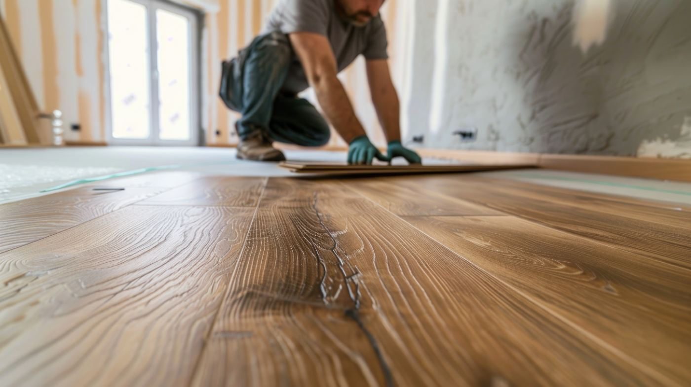 Worker installing laminate flooring in an empty room during renovation